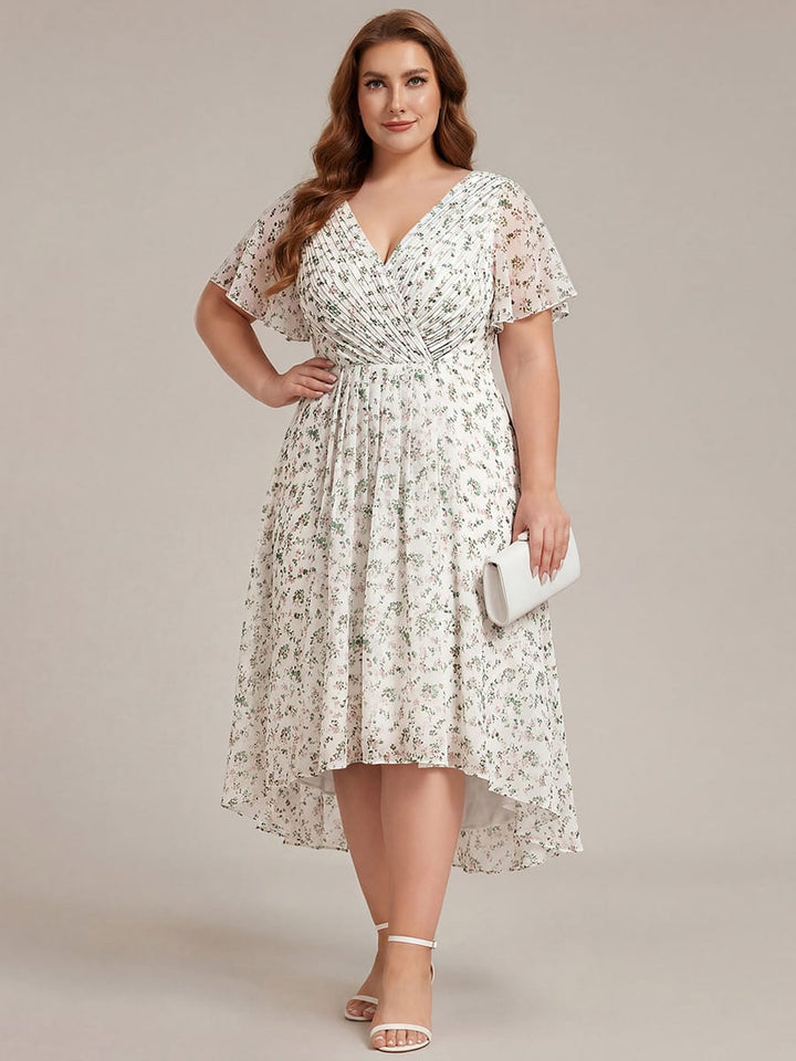 Chiffon Hoch-Tief Hochzeitsgastkleid mit V-Ausschnitt und kurzen Ärmeln 171
