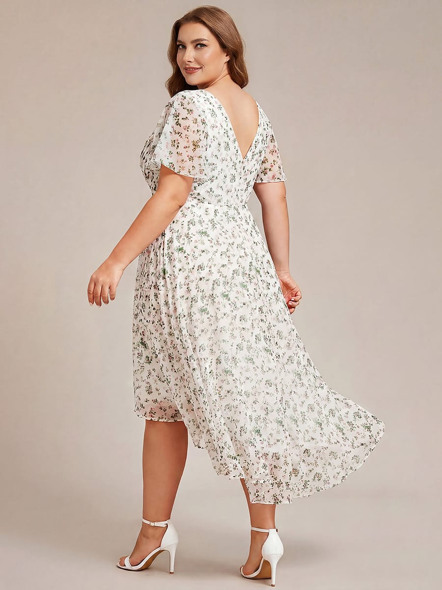 Chiffon Hoch-Tief Hochzeitsgastkleid mit V-Ausschnitt und kurzen Ärmeln 172