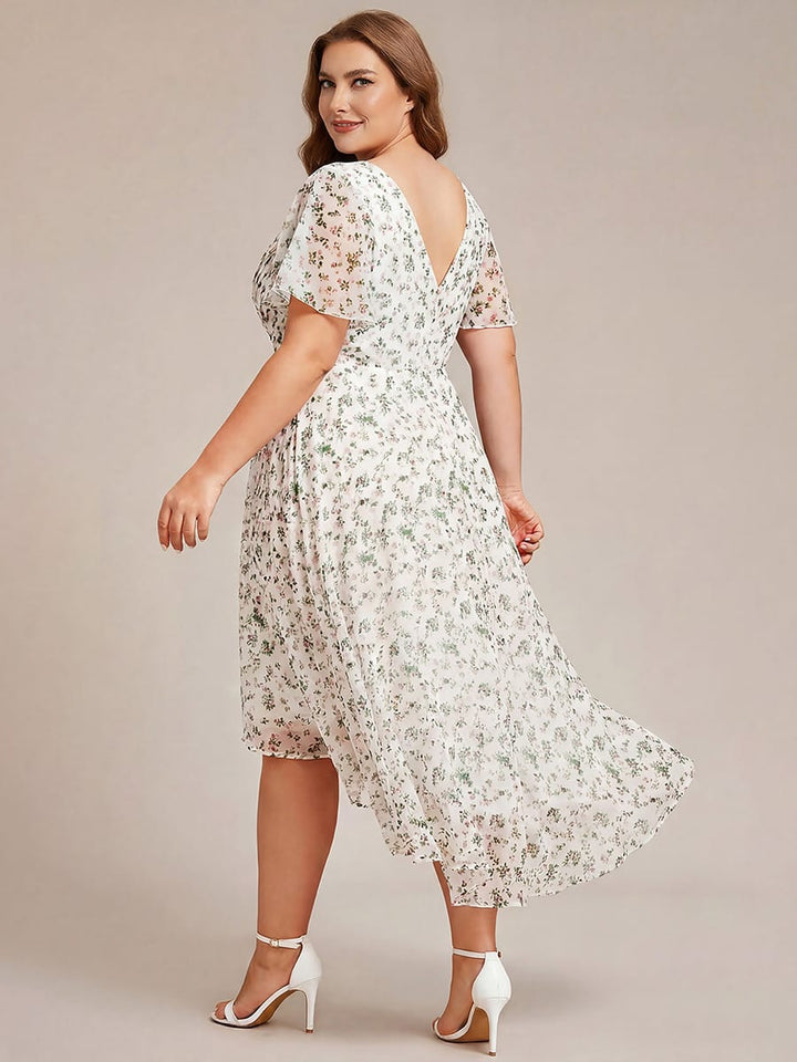 Chiffon Hoch-Tief Hochzeitsgastkleid mit V-Ausschnitt und kurzen Ärmeln 172
