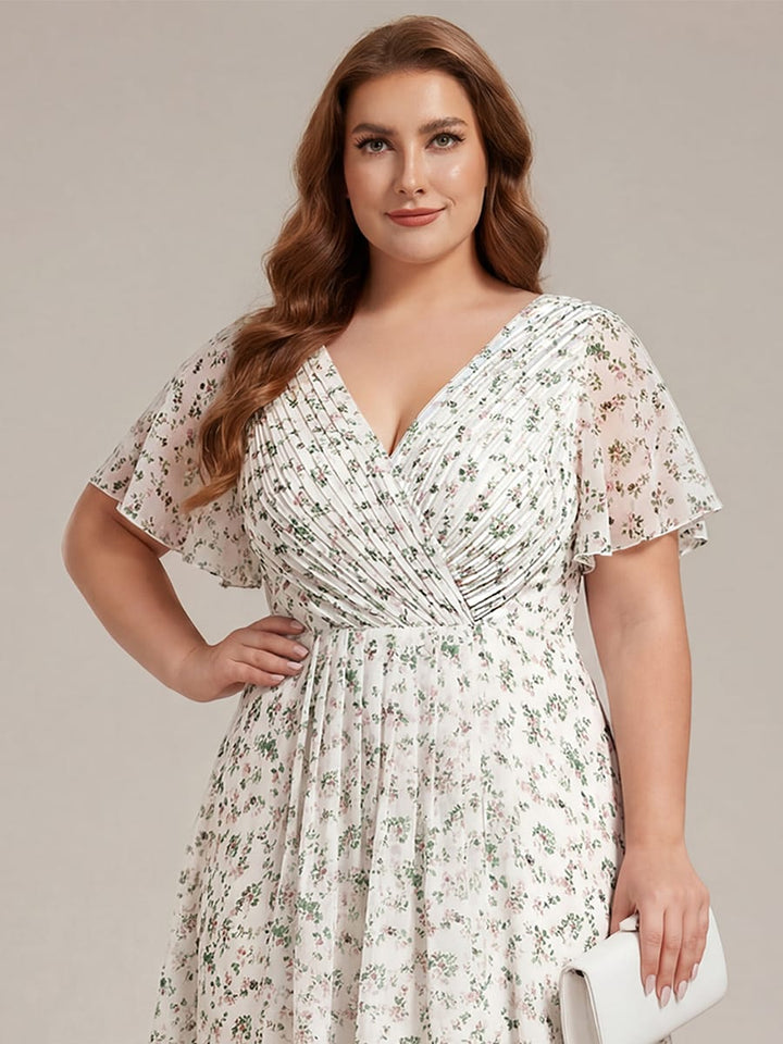 Chiffon Hoch-Tief Hochzeitsgastkleid mit V-Ausschnitt und kurzen Ärmeln 173