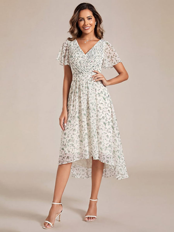 Chiffon Hoch-Tief Hochzeitsgastkleid mit V-Ausschnitt und kurzen Ärmeln 168