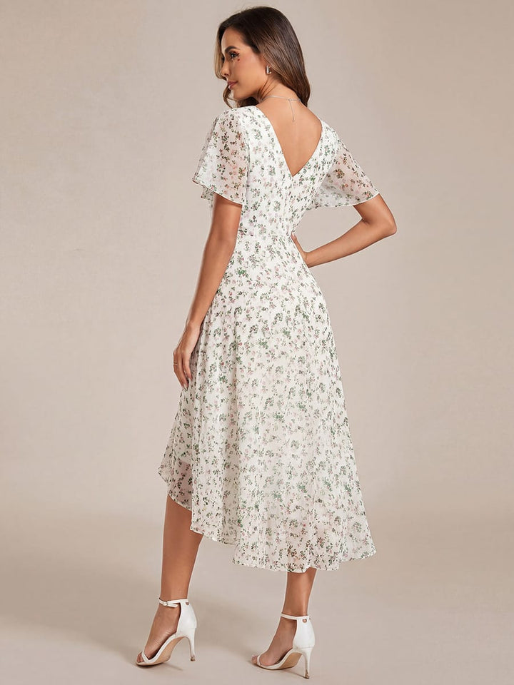 Chiffon Hoch-Tief Hochzeitsgastkleid mit V-Ausschnitt und kurzen Ärmeln 169