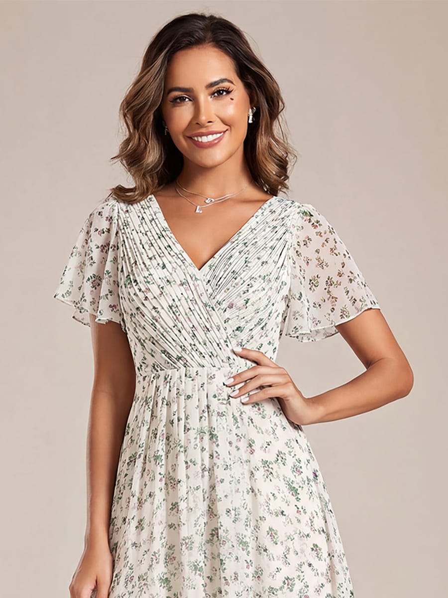 Chiffon Hoch-Tief Hochzeitsgastkleid mit V-Ausschnitt und kurzen Ärmeln 170