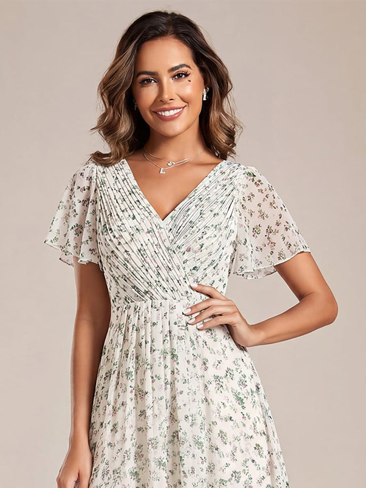 Chiffon Hoch-Tief Hochzeitsgastkleid mit V-Ausschnitt und kurzen Ärmeln 170
