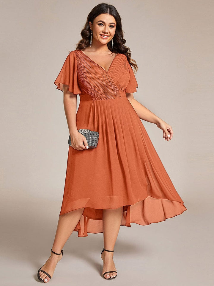 Chiffon Hoch-Tief Hochzeitsgastkleid mit V-Ausschnitt und kurzen Ärmeln 165