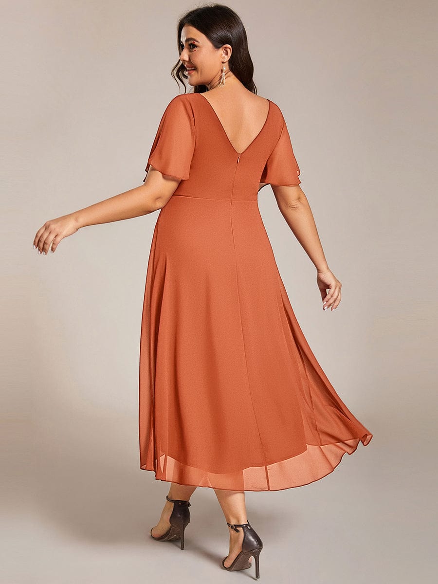 Chiffon Hoch-Tief Hochzeitsgastkleid mit V-Ausschnitt und kurzen Ärmeln 166