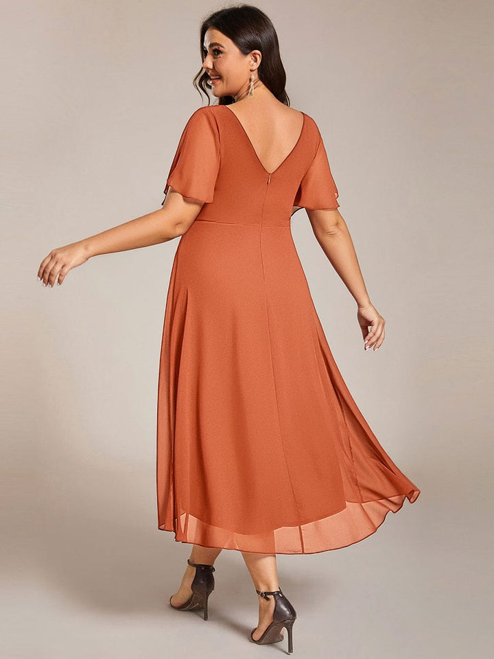 Chiffon Hoch-Tief Hochzeitsgastkleid mit V-Ausschnitt und kurzen Ärmeln 166