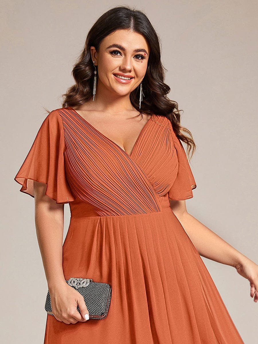 Chiffon Hoch-Tief Hochzeitsgastkleid mit V-Ausschnitt und kurzen Ärmeln 167