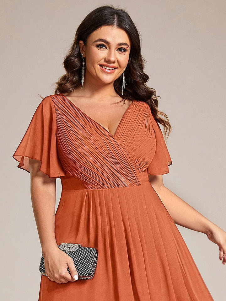Chiffon Hoch-Tief Hochzeitsgastkleid mit V-Ausschnitt und kurzen Ärmeln 167