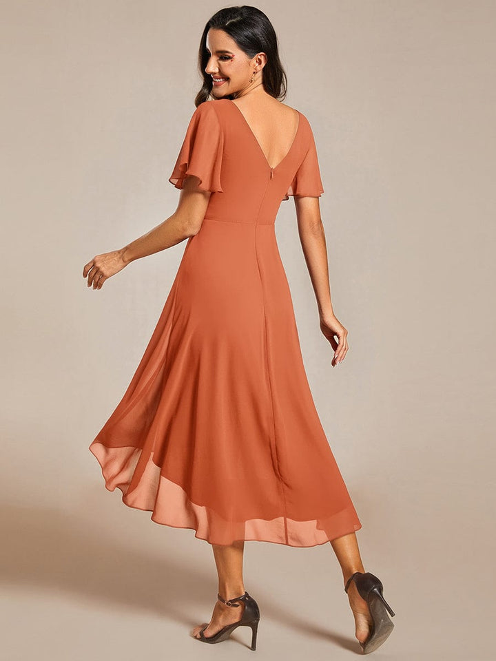 Chiffon Hoch-Tief Hochzeitsgastkleid mit V-Ausschnitt und kurzen Ärmeln 163