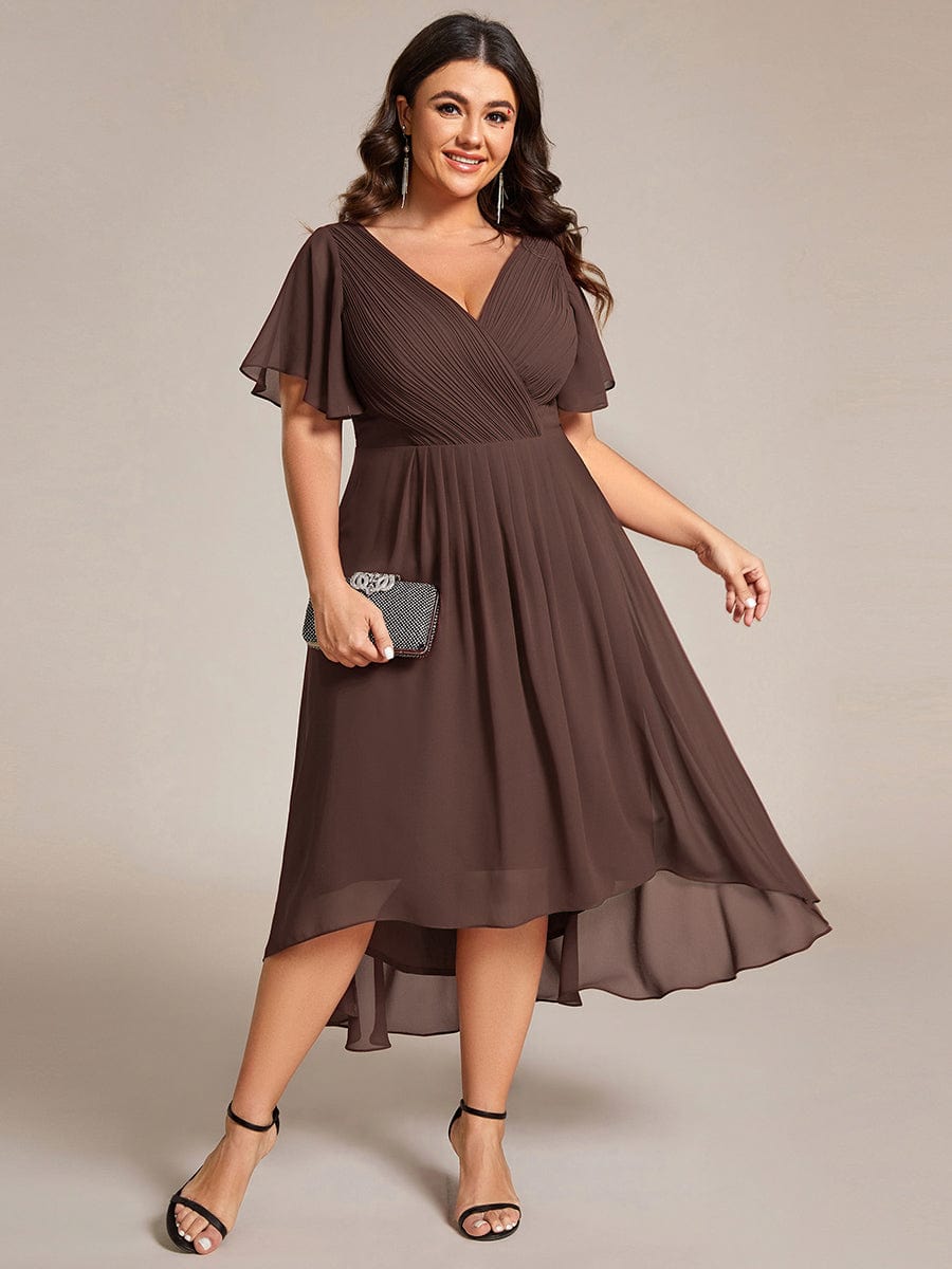 Chiffon Hoch-Tief Hochzeitsgastkleid mit V-Ausschnitt und kurzen Ärmeln 159
