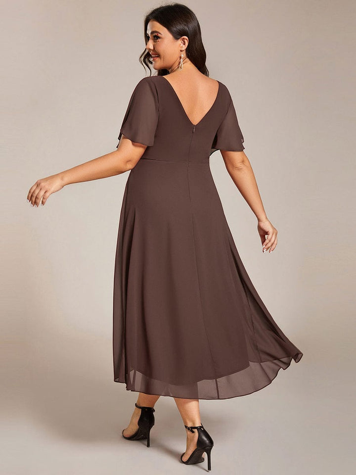 Chiffon Hoch-Tief Hochzeitsgastkleid mit V-Ausschnitt und kurzen Ärmeln 160