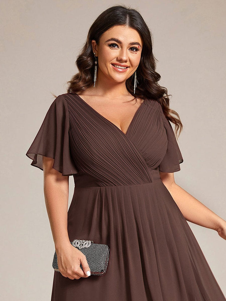 Chiffon Hoch-Tief Hochzeitsgastkleid mit V-Ausschnitt und kurzen Ärmeln 161