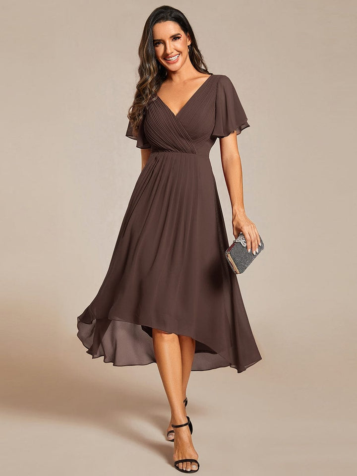 Chiffon Hoch-Tief Hochzeitsgastkleid mit V-Ausschnitt und kurzen Ärmeln 156