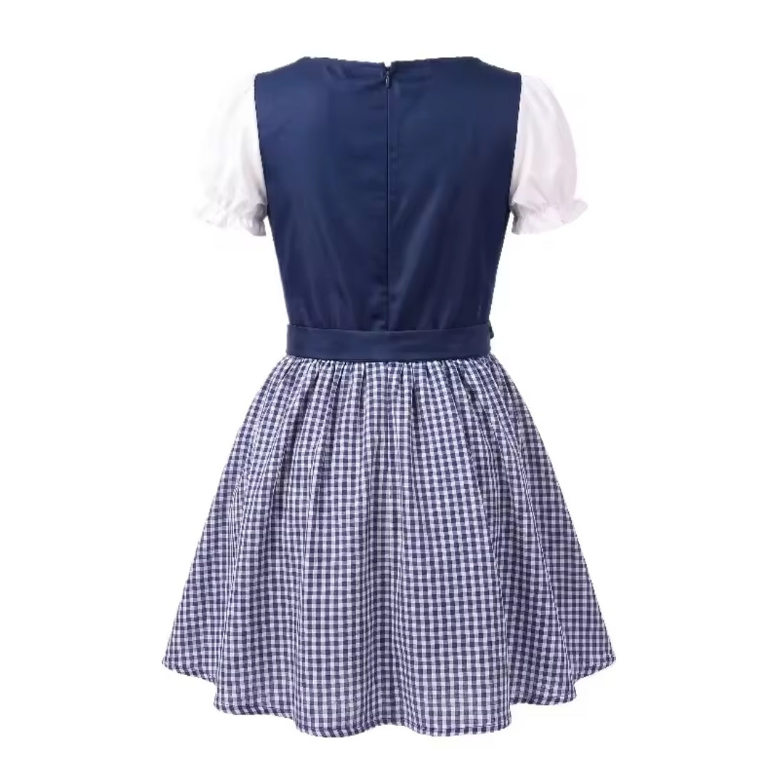 Rückseite des blauen Dirndls mit Reißverschluss im Oberteil, Taillenband und blau-weiß kariertem Rock. 6