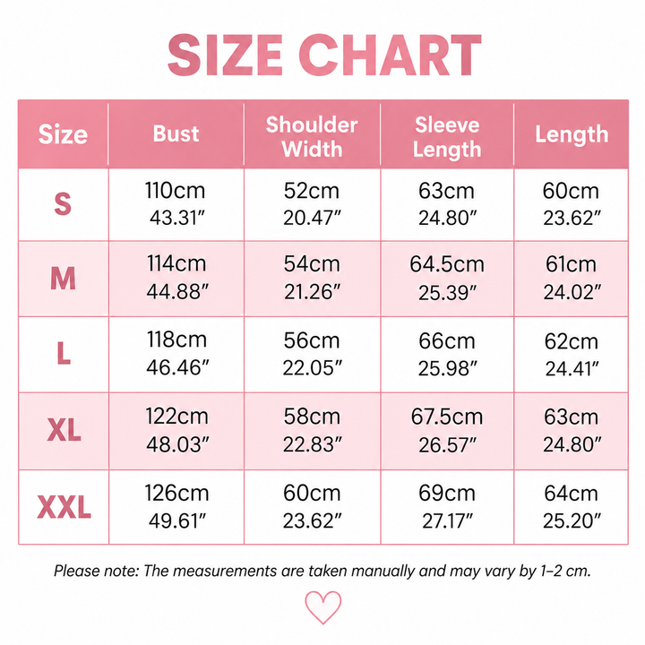 Größentabelle in Rosa mit Brustumfang, Schulterbreite, Ärmellänge und Länge für die Größen S bis XXL in Zentimetern und Zoll. 9