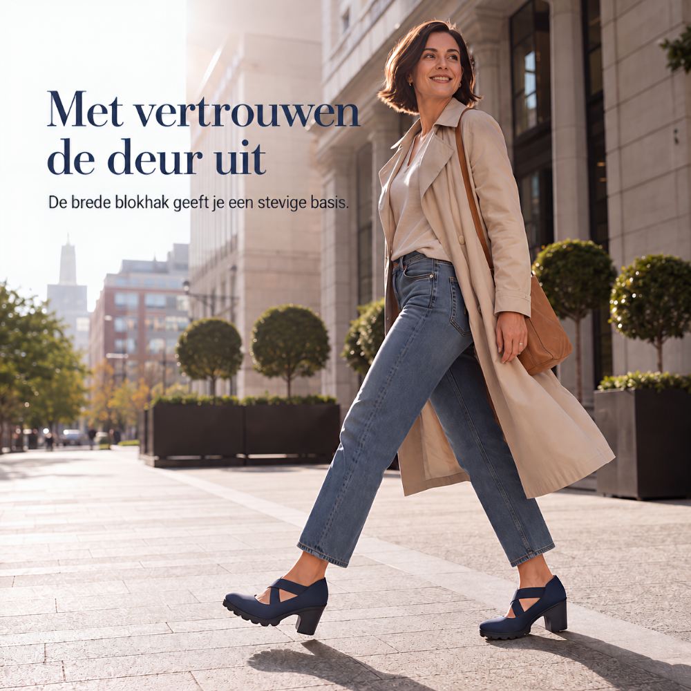 Lächelnde Frau in Trenchcoat und Jeans geht mit den marineblauen Blockabsatz-Schuhen eine sonnige Stadtstraße entlang. 3