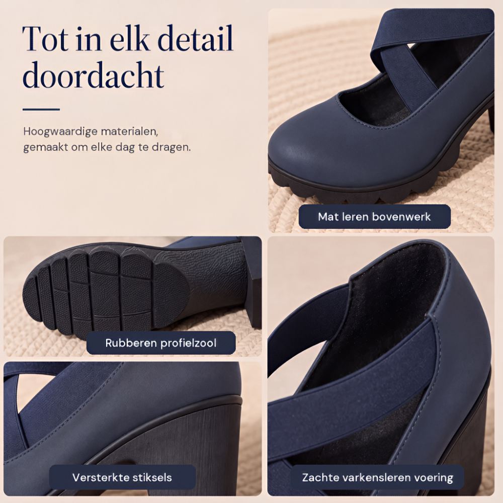 Collage mit vier Detailansichten: mattes Obermaterial, profilierte Gummisohle, verstärkter Absatz und weiches Innenfutter der marineblauen Schuhe. 5