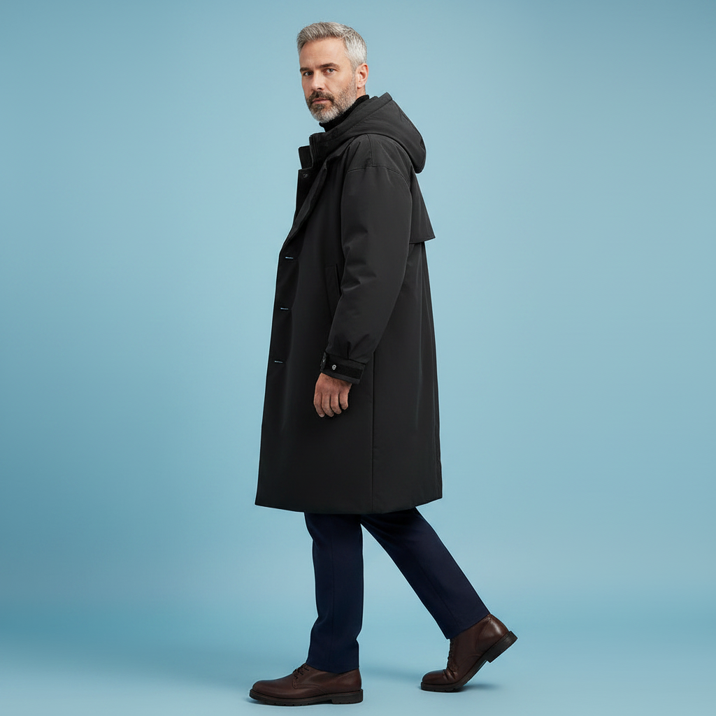 Model im schwarzen Kapuzenmantel im Profil beim Gehen, mit dunkler Hose und braunen Schuhen vor hellblauem Hintergrund 6