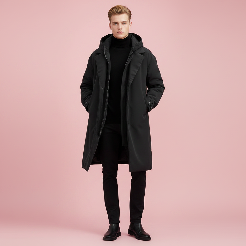 Model in schwarzem langem Kapuzenmantel mit Rollkragenpullover, schwarzer Hose und Stiefeln, Hände in den Taschen, vor rosa Hintergrund 3