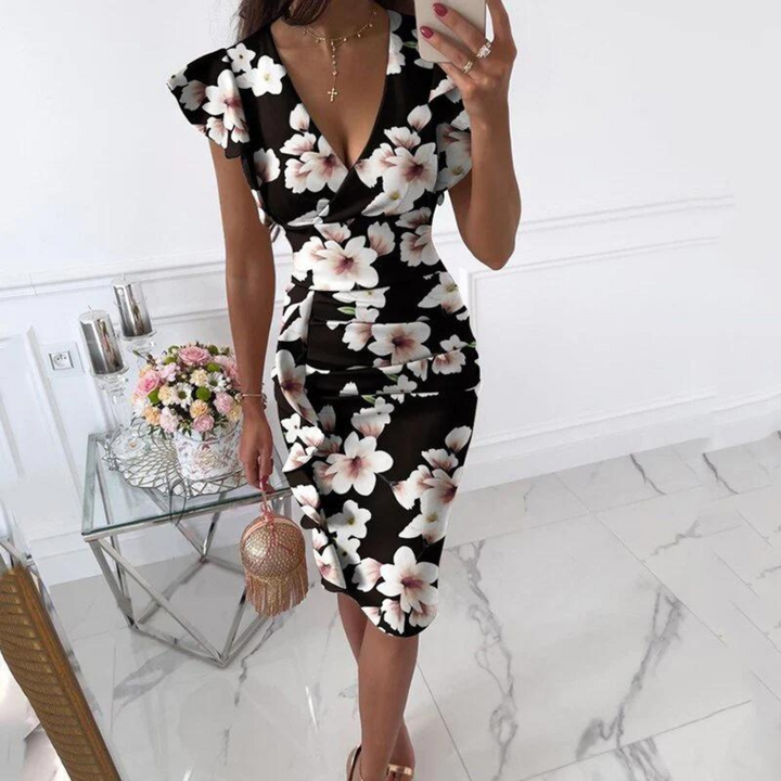 Summer midi dress with V-neck and fitted waist – Livia