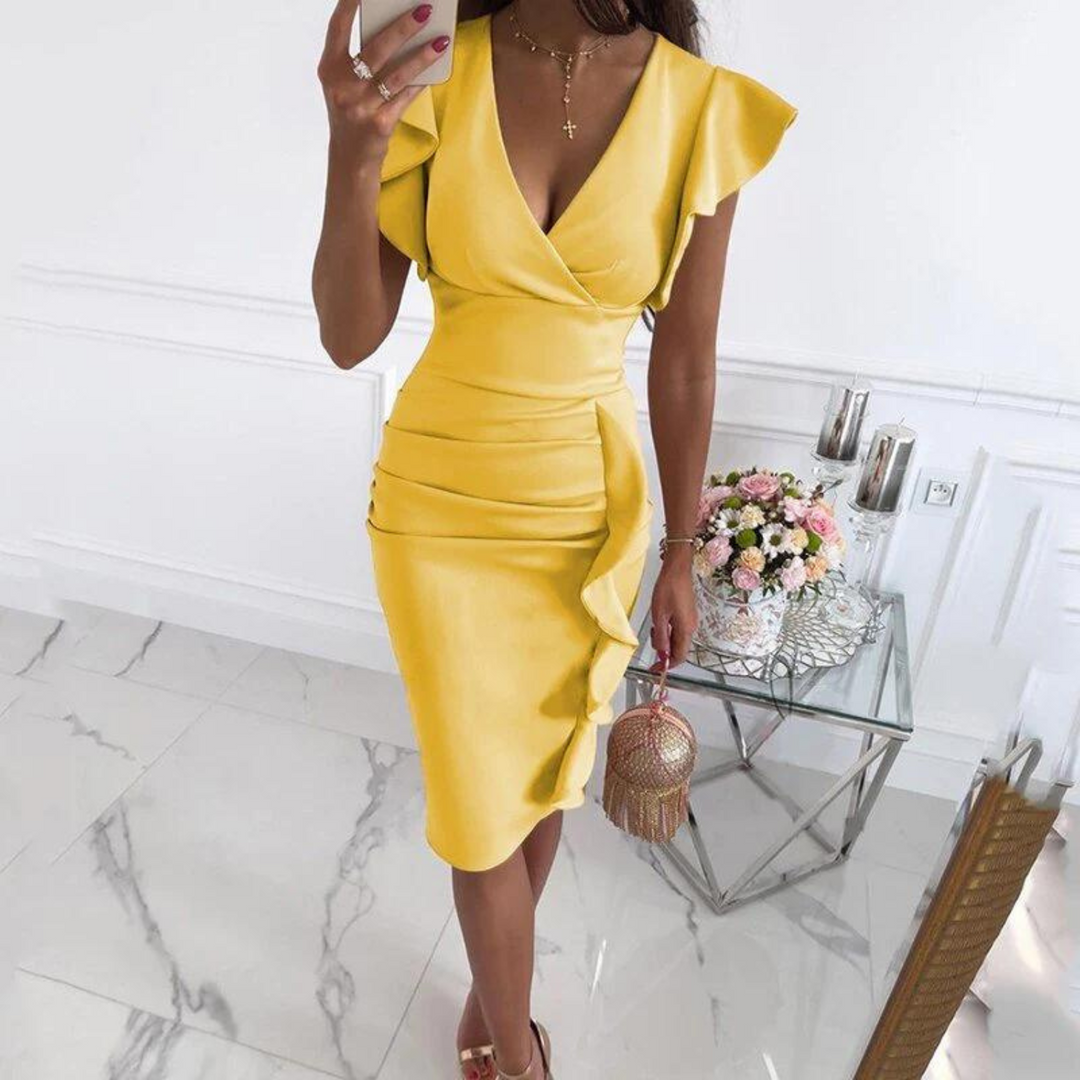 Summer midi dress with V-neck and fitted waist – Livia