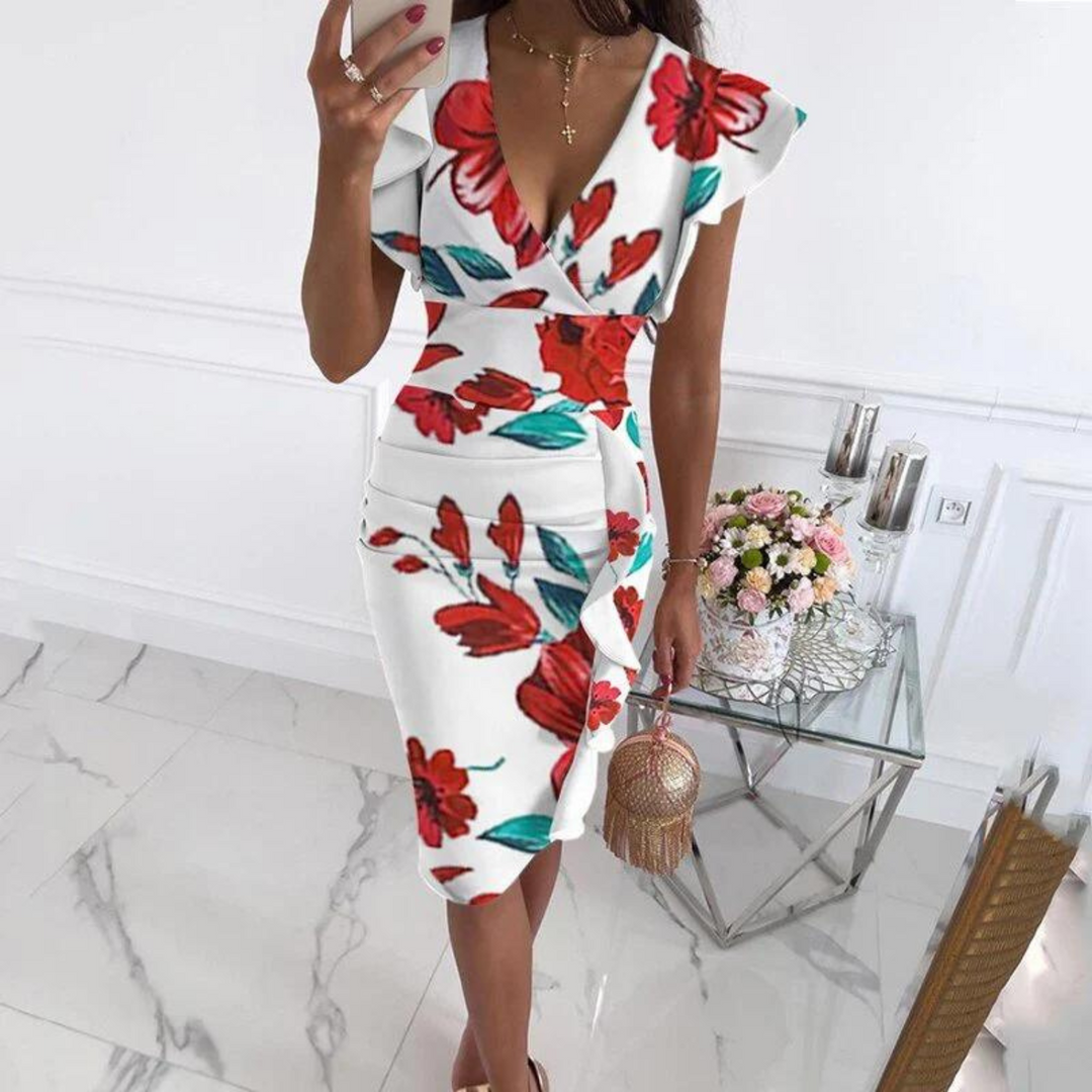 Summer midi dress with V-neck and fitted waist – Livia