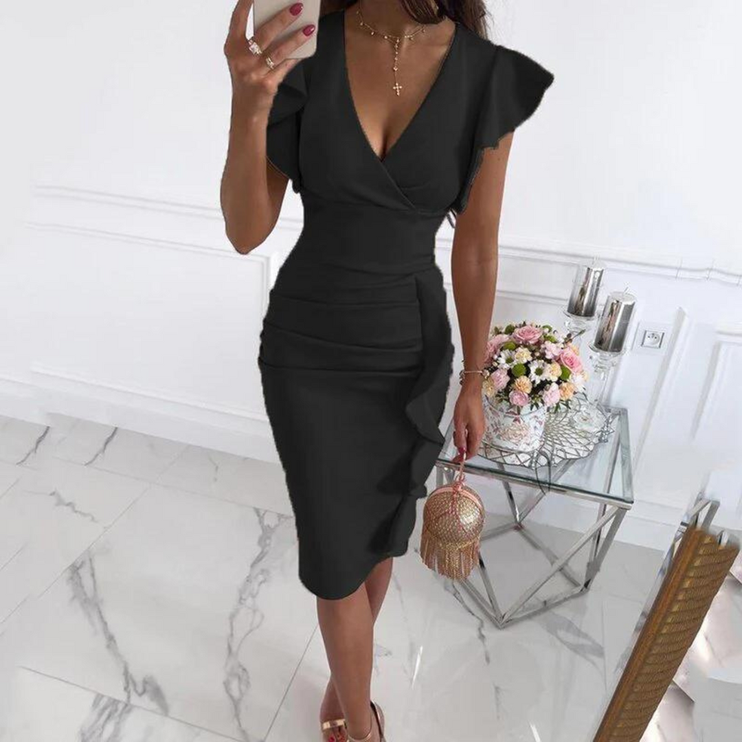 Summer midi dress with V-neck and fitted waist – Livia