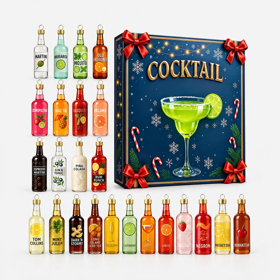 Alle 24 Miniatur-Flaschen in verschiedenen Farben ordentlich in Reihen neben der blauen Geschenkbox mit roten Schleifen und Cocktailglas. 2
