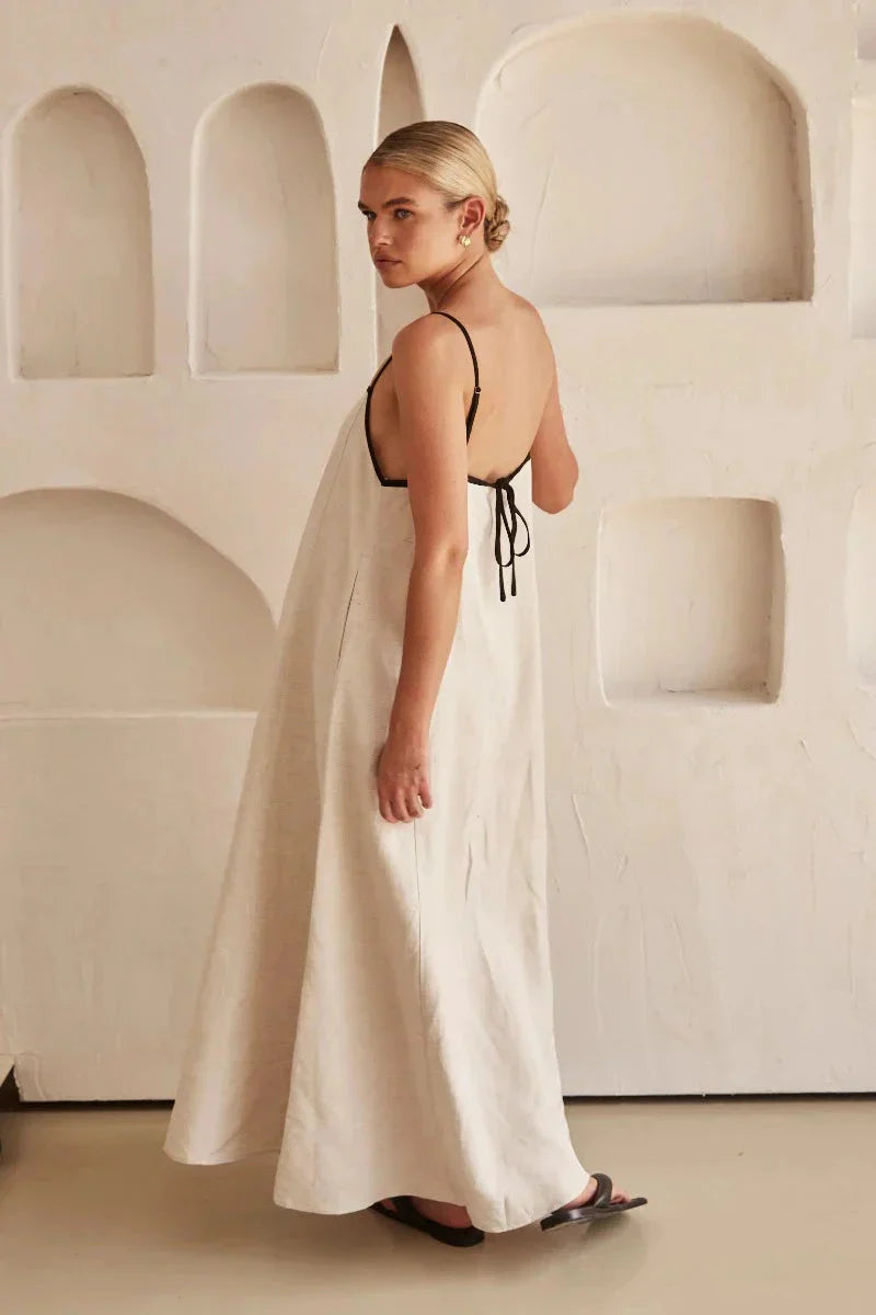 Sleeveless Beige Boho Maxi Dress in Linen Look – Elin