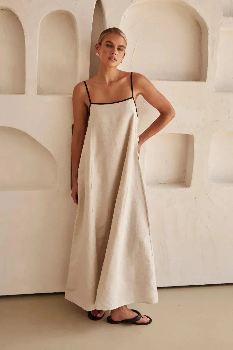 Sleeveless Beige Boho Maxi Dress in Linen Look – Elin