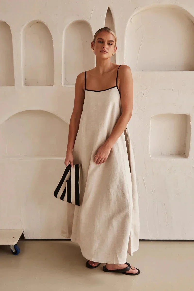 Sleeveless Beige Boho Maxi Dress in Linen Look – Elin