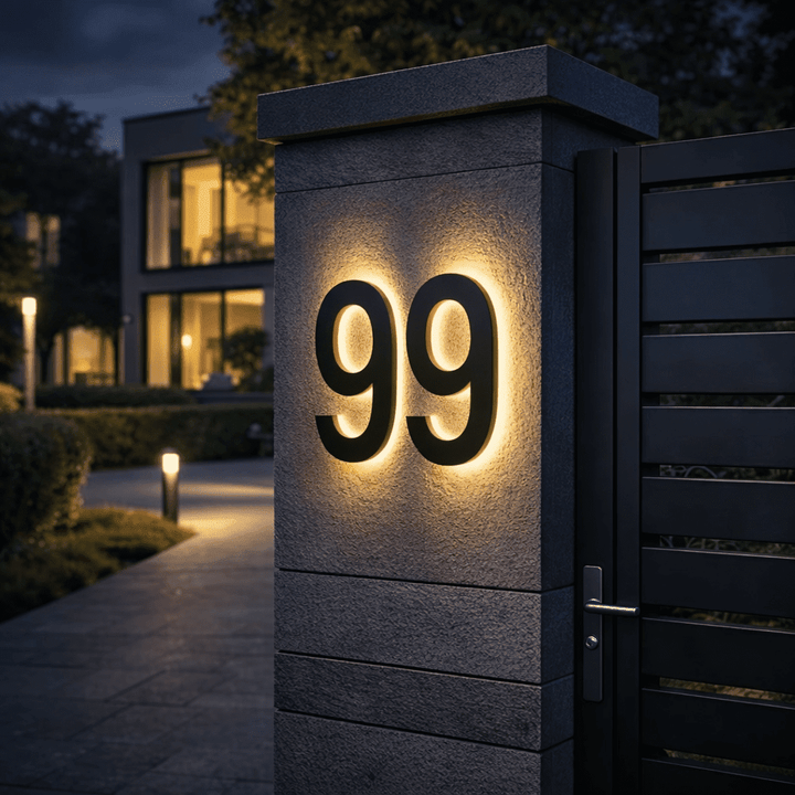 Schwarze, hinterleuchtete Doppelziffer an einem Steinpfeiler am Abend, daneben Lamellentor, beleuchteter Gartenweg und modernes Wohnhaus im Hintergrund. 2