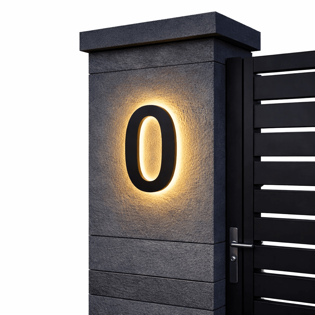 Schwarze Ziffer 0 mit warmem Hintergrundlicht an einem grauen Steinpfeiler vor schwarzem Lamellentor, freigestellt. 6