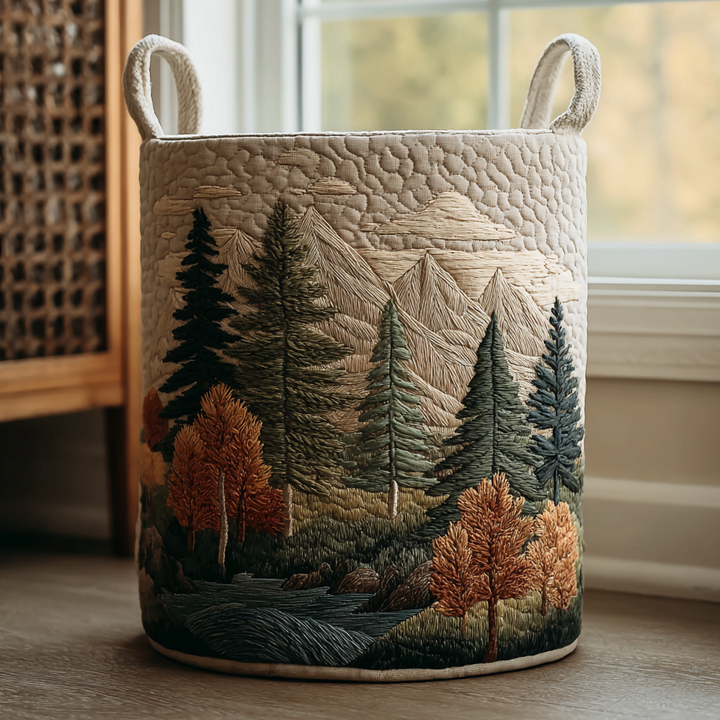 Runder, gesteppter Wäschekorb in Beige mit zwei Tragegriffen und aufgesticktem Waldmotiv aus Tannen, Herbstbäumen, Bergen und Fluss. 1