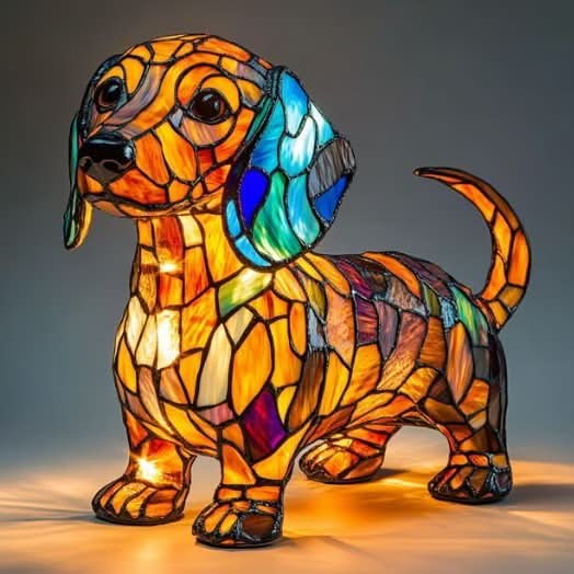 Stehende Dackel-Figur mit blau schimmerndem Ohr und orangem Glasmosaik, aufgestellter Schwanz, Lichtreflexe auf dem Untergrund. 11