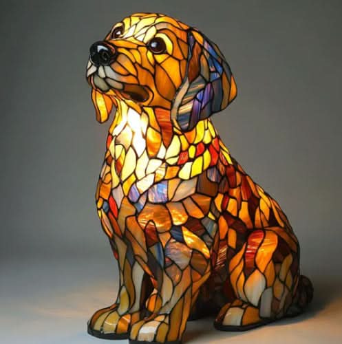 Sitzender Hund mit nach oben gerichtetem Blick, Fell aus feinen gelb-orangen Glasstücken, Körper leuchtet von innen. 14