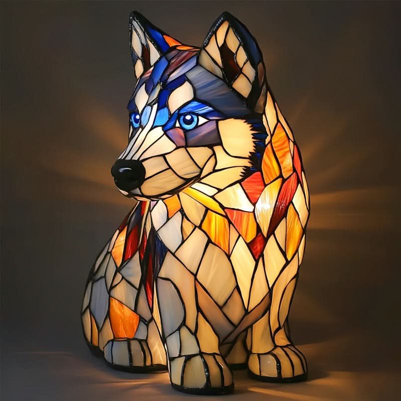 Sitzende Husky-Figur mit blauen Augen und beigem, orangem und blauem Glasmosaik, warmes Licht im dunklen Raum. 15