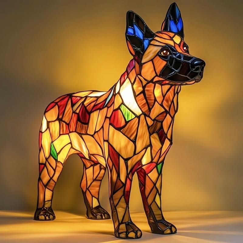Stehende Schäferhund-Lampe mit aufgestellten Ohren in Blau, Körper aus orangefarbenen und roten Glasstücken, warm beleuchtet. 22