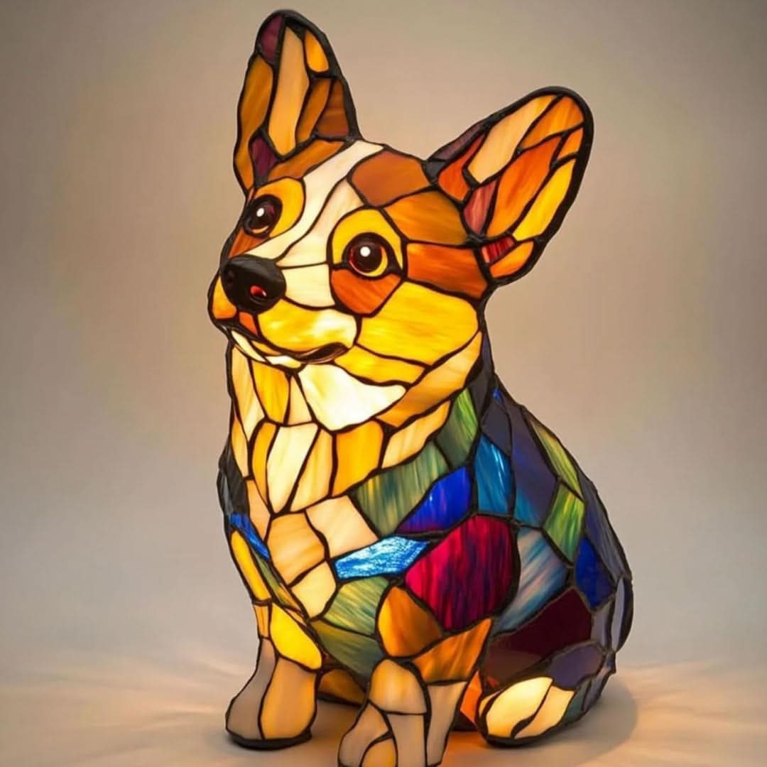 Sitzender Corgi als Buntglas-Leuchte mit großen Ohren, weißer Blesse und bunt gemustertem Körper, von vorn leicht seitlich gezeigt. 24