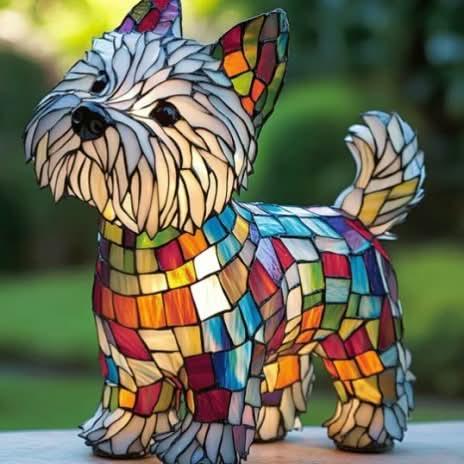 Westie-artiger Hund als Mosaiklampe mit weißem Fell aus schmalen Glasstreifen und buntem Körper, im Freien vor grünem Garten. 26