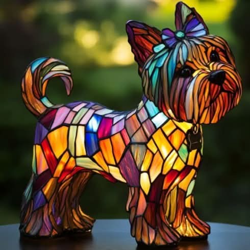 Yorkshire-Terrier-Lampe im Buntglasstil mit Schleife am Kopf und hochgebogenem Schwanz, im Profil vor dunklem, grünem Hintergrund. 27