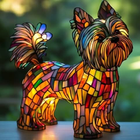 Yorkshire-Terrier-Figur aus buntem Mosaikglas mit langem Gesichtsfell und buschigem Schwanz, von der Seite auf einer Tischfläche im Freien. 28