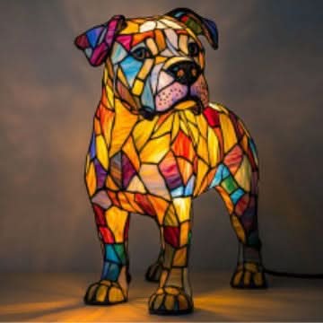 Stehende Bulldoggen-Lampe aus Buntglas-Mosaik mit Kippohren, bunt leuchtendem Körper und sichtbarem Kabel an der rechten Seite. 29