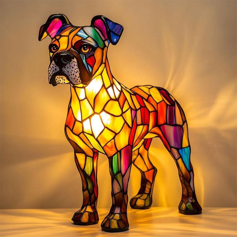 Stehende Boxer-ähnliche Hundefigur mit rosa-bunten Ohren und gelb-orange leuchtendem Mosaikkörper, warmes Licht an der Wand. 4