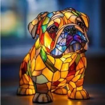 Sitzende Bulldoggen-Figur mit Falten im Gesicht, leuchtendes Buntglas-Mosaik in Gelb, Orange und Rot, unscharfer Hintergrund. 5