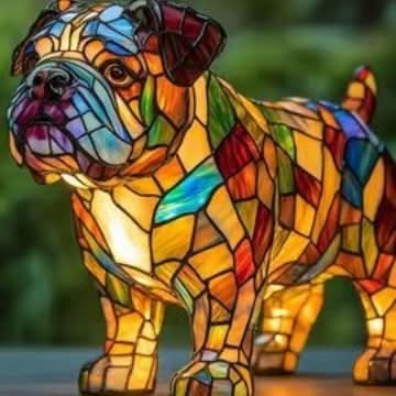 Stehende Bulldoggen-Figur im Dreiviertelprofil, Mosaik in Gelb, Blau und Rot leuchtet vor grünem Hintergrund. 6
