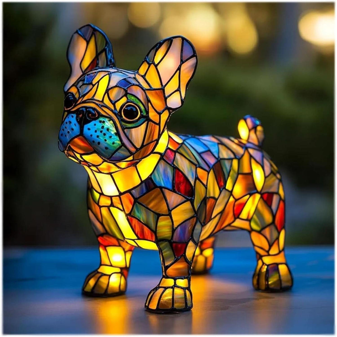Stehende Mops-ähnliche Figur mit aufgestellten Ohren und blauer Schnauze, leuchtendes Buntglas-Mosaik, bokehartiger Gartenhintergrund. 7