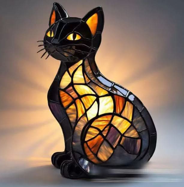 Sitzende schwarze Katzenfigur mit gelben Augen und Schnurrhaaren, Körper mit warm leuchtendem Bernstein-Glasmosaik. 8