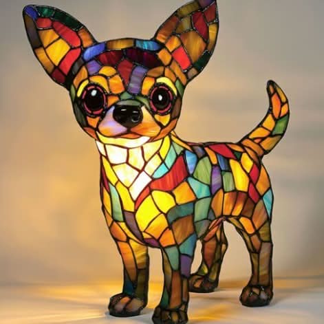 Stehende Chihuahua-Figur mit großen Ohren und runden Augen, Körper aus bunten, von innen erleuchteten Glasteilen. 9
